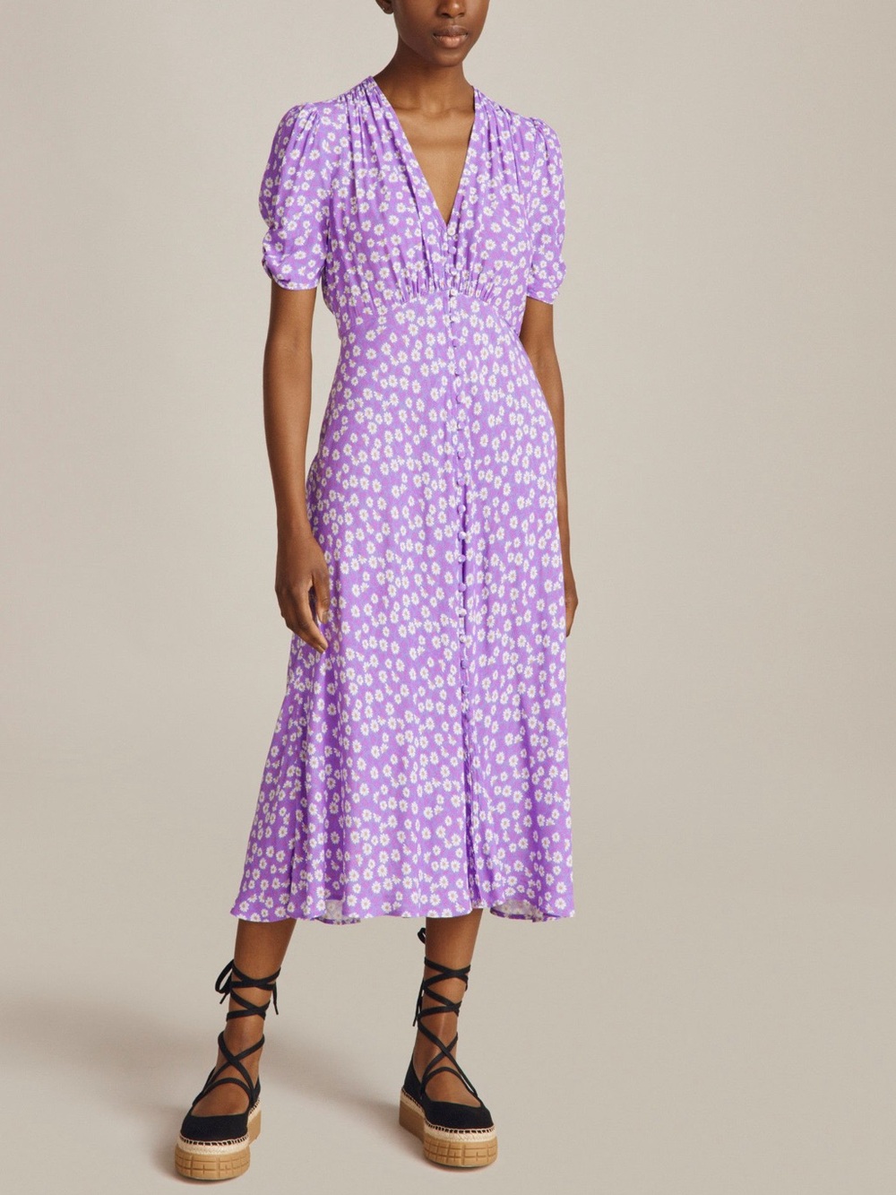 Ghost London Flo Dress Purple Puff Sleeve Midi Dress size XS